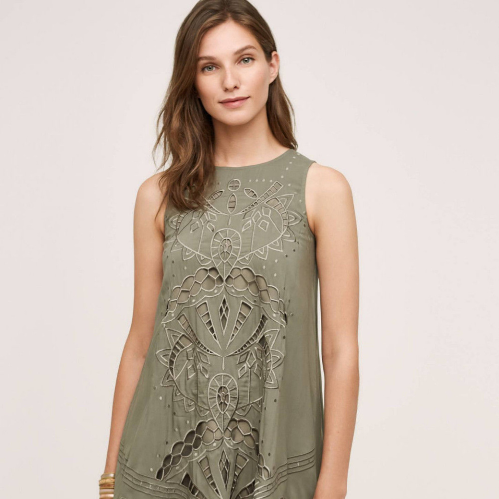 ANTHROPOLOGIE Cutwork Tunic Dress 2 NWT $178 Moss